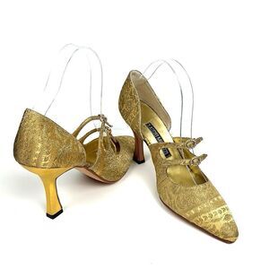 CLAUDIO MERAZZI Gold Brocade Formal Pumps Pointed Toe Embellished Details US 7,5